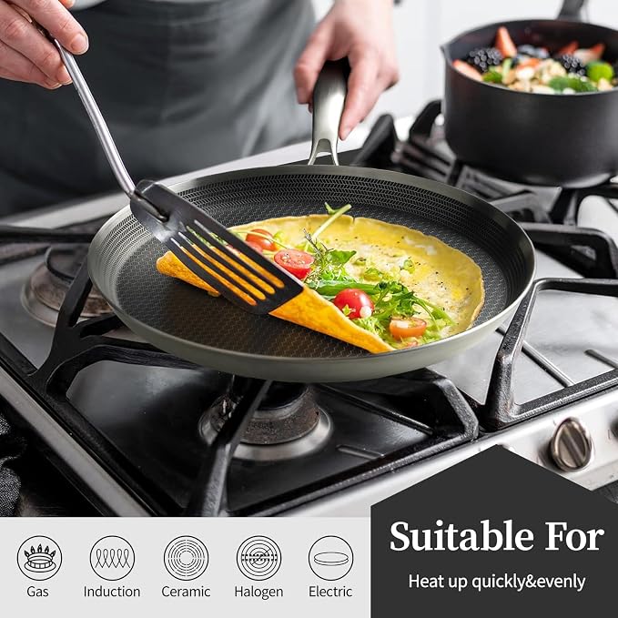 Innerwell 10 Inch Nonstick Crepe Pan, Stainless Steel Pancake Pan-Silver | Honeycomb coating, PFOA-free.Compatible with All Stoves,Stay-Cool Handles.Oven Safe&Dishwasher Safe