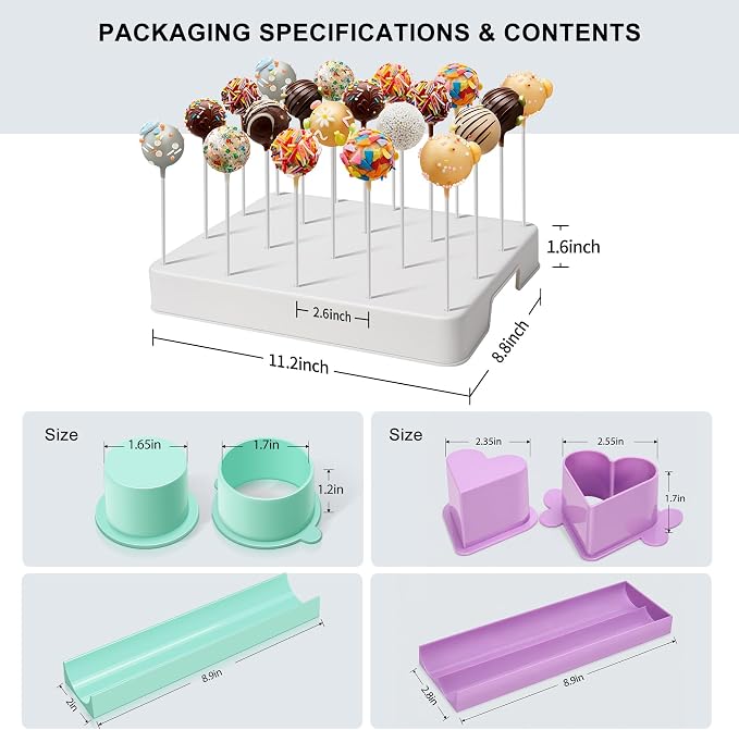 Cake Pop Making Kit with 2 Cake Pop Molds and Stand | Includes tray, sticks, and ABS cutter & pusher. Perfect for making cake pops for parties, weddings, and homemade desserts.
