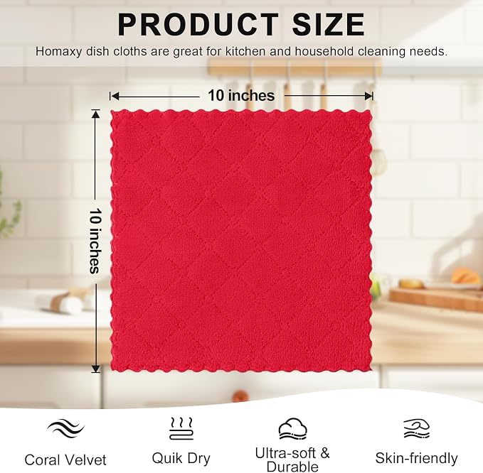Homaxy 12 Pack Super Soft Absorbent Dish Cloths, 10" x 10", Red | Coral Velvet, Nonstick Oil Fast Drying Microfiber Cleaning Cloth, No Lint Household Dishcloths