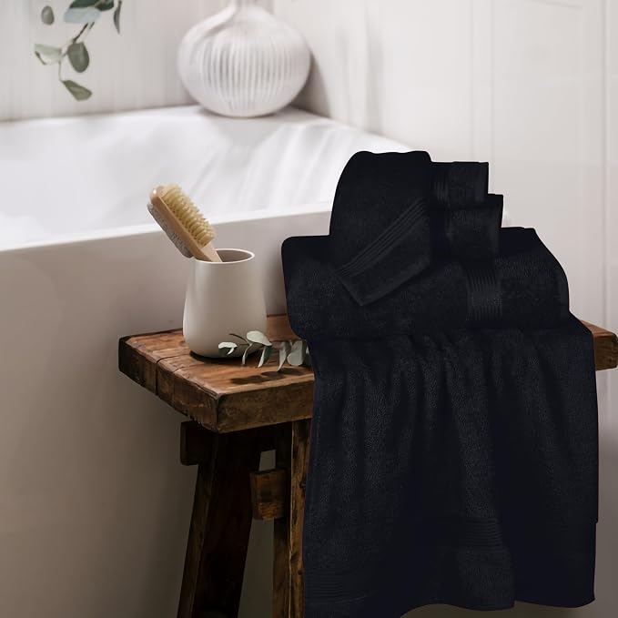 Ultra Soft 6 Pack Cotton Towel Set, Contains 2 Bath Towels 28x55 inch, 2 Hand Towels 16x24 inch & 2 Wash Coths 12x12 inch, Ideal for Everyday use, Compact & Lightweight - Black