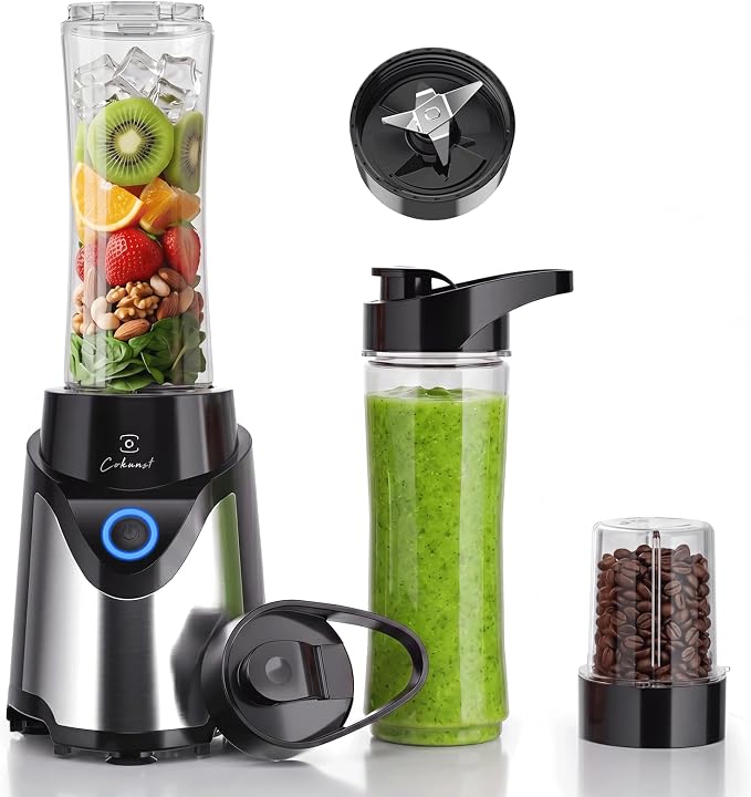 COKUNST Smoothie Blender, Personal Blender with 2 To-Go Cups & Lids, Black | 25,000 RPM Powerful Motor, Blender and Grinder Combo, One-Button Pulse, BPA Free, Compact Size, for Kitchen, Frozen Drinks