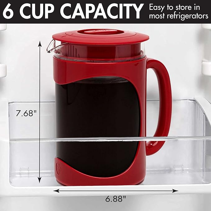 Primula Burke Deluxe Cold Brew Iced Coffee Maker, Comfort Grip Handle, Durable Glass Carafe, Removable Mesh Filter, Perfect 6 Cup Size, Dishwasher Safe, 1.6 qt, Red