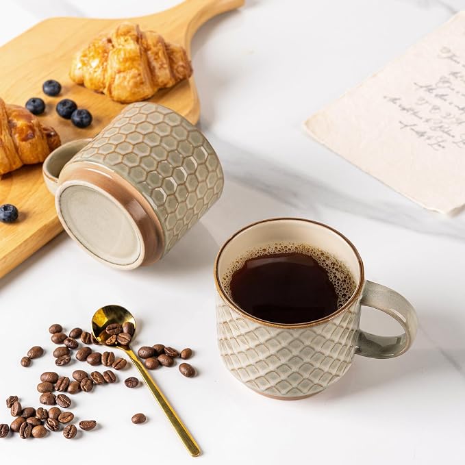 GBhome 15 OZ Stackable Coffee Mugs Set of 4, Ceramic Coffee Cups Set | 4 Assorted Designs, Embossed Mugs with Texture Patterns for Tea/Coffee, Dishwasher&Microwave Safe, Pale Khaki