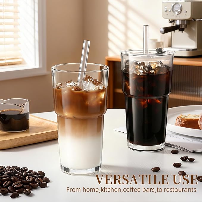 Iced Coffee Cups with Lids: Coffee Bar Accessories - Tumbler Leak Proof for To Go Iced Coffee Cup with Lid 4Pack - 20 oz Glass Cup with Lid and Straws - Thickened Glass Tumbler with Straw and Lid600ml