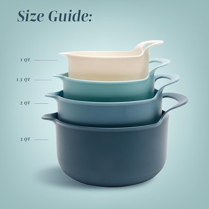 COOK WITH COLOR Nesting Plastic Mixing Bowl Set with Pour Spouts and Handles, Blue, 4 Piece Non-Slip