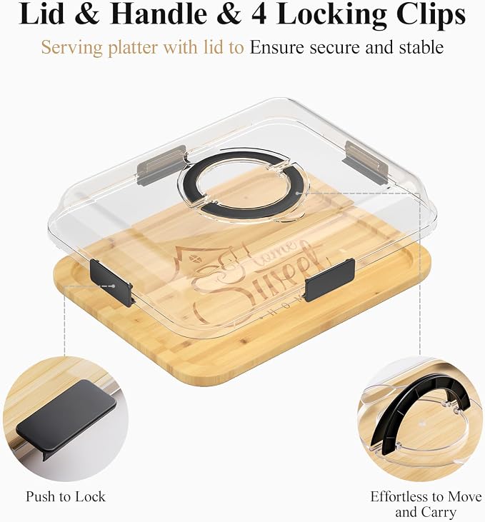 Portable Bamboo Charcuterie Board with Lid, Engraved Home Print | Includes Knife Set, Plates, Forks & Handle, Travel Serving Tray Platter for Cheese, Meat, Fruit, Housewarming Gift for Women