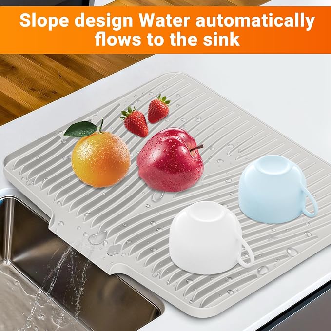 Silicone Dish Drying Mat for Kitchen counter | 15.8"x13" Dish Drainer Mat,Heat-Resistant Kitchen Counter Mat & Over-Sink Drying Tray,Can Be Hung, Cream