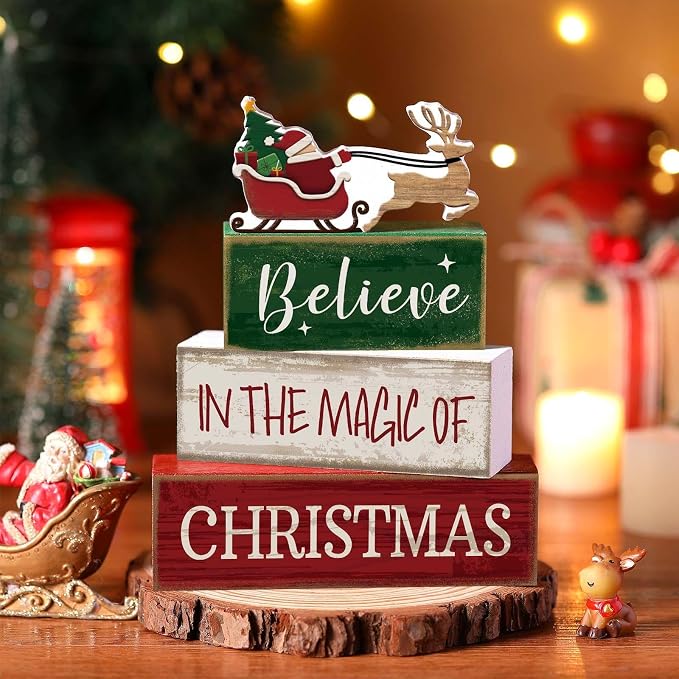 Lineshading 4 Pcs Christmas Table Decorations Wooden Stacked Block Santa | Rustic Farmhouse Block Sign with Believe Message, Tiered Tray Decor for Home Shelf, Xmas Decorations for Mantel Party