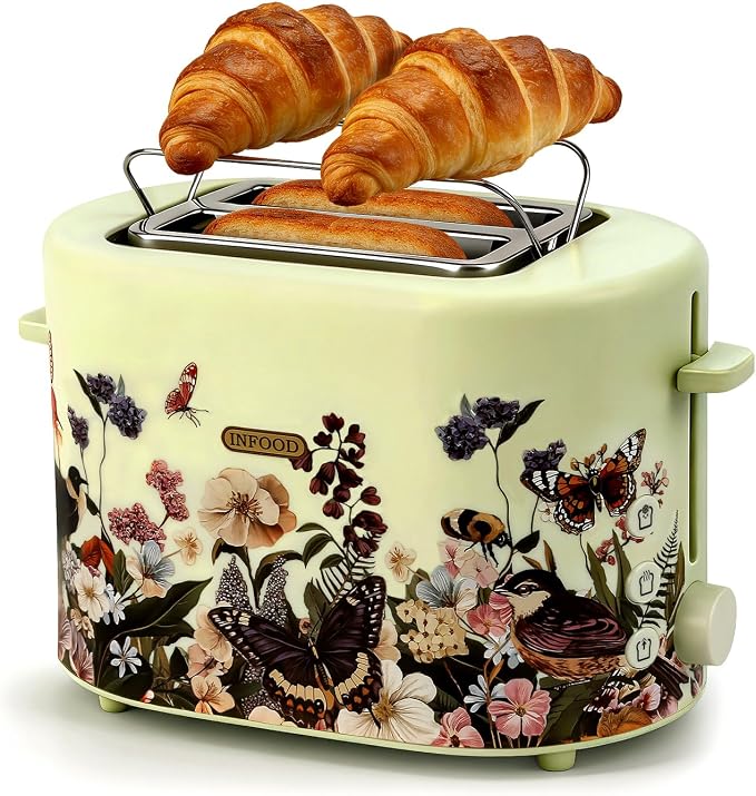 INFOOD Retro Toaster 2 Slice - 6 Toast Settings, Cancel/Defrost/Reheat Buttons, Built-in Warming Rack & Removable Crumb Tray, 1.5 Inches Extra Wide Slots, 750W, Floral Design