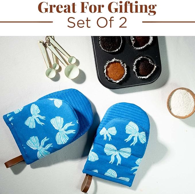 Folkulture Oven Mitts, Blue, Set of 2, Heat Resistant - (5.75"x9") | 100% Cotton, Non Slip, Heat Resistant, Silicone, Cute Mini Mits with Hanging Loop, Kitchen Décor, Cooking Gifts, Baking