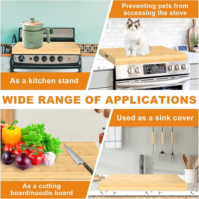 Bamboo Noodle Board Stove Cover for Electric and Gas Stoves - Sink Cover, 30"L x 22"W x 2.5H" - Double-Sided Usable