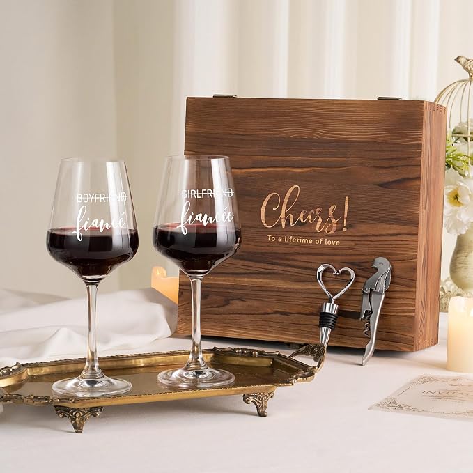 AW BRIDAL Engagement Gifts for Couples Fiance and Fiancee Wine Glasses Set | Engaged Wine Glasses with Wine Stopper & Wood Keepsake Box, 2026 Wedding Gifts for Newlyweds, Bride to Be Gifts for Women