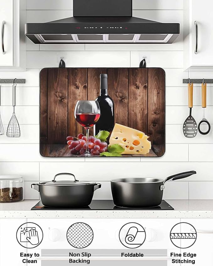 Stove Top Covers for Electric Stove 28.5x20.5 Inches,Red Wine Grapes HeatResistant Glass Cooktop Protector,Vintage Brown Wood Farmhouse Ceramic Stovetop Countertop Covers Mat, Oven Cover Kitchen Decor
