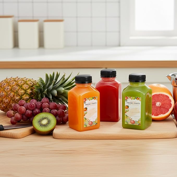 12pcs 10oz Plastic Juice Bottles with Caps, Sticker Labels, Brush | Empty Reusable Clear Bottles with Label, Funnel and Brush Beverage Containers Bulk with Lids for Juicing, Smoothies, Fridge