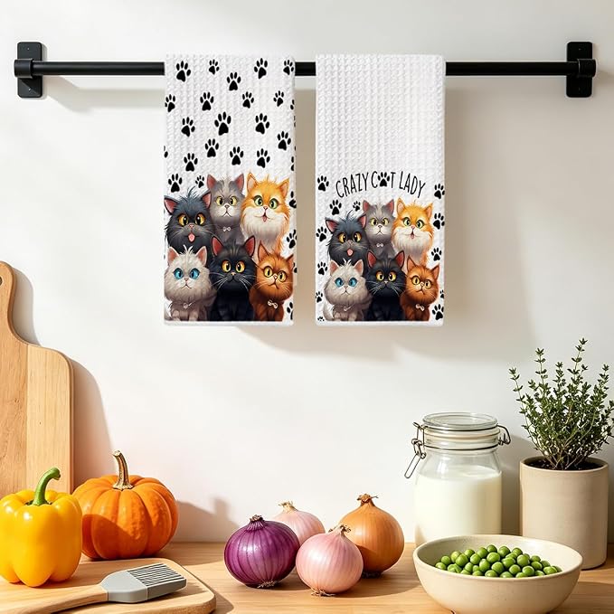 Jztco 2 Pcs Funny Cat Kitchen Towels, Cute Cat Gifts Reusable Hand Towels | Cat Dish Cloths for Drying Dishes, Cats Waffle Dish Towels for Kitchen Bathroom Decor, Cat Lover Gifts for Women Grandma Mom