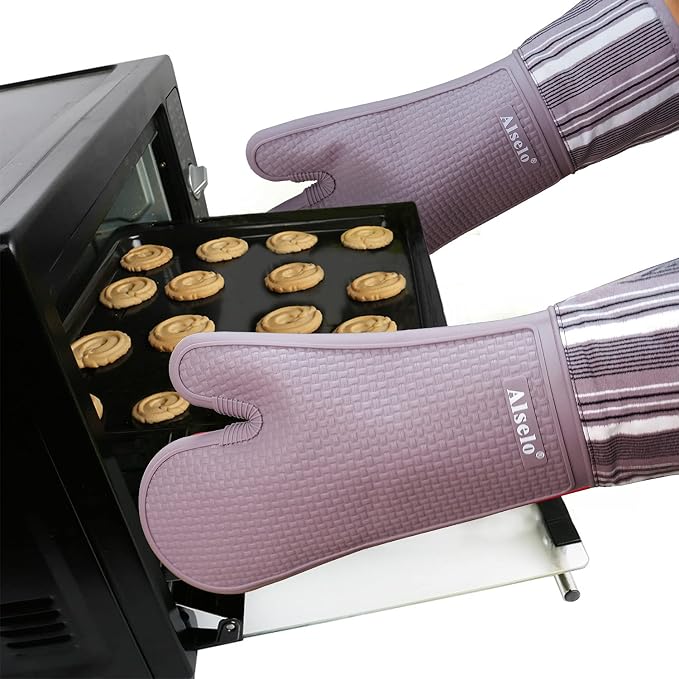 Alselo Silicone Oven Mitts Set, Heat Resistant 550 Degree,7.5"x16" | Extra Long Kitchen Mittens,Waterproof & Non-Silp Oven gloves for Baking Cooking Barbecue Microwave (Extra Long Purple, 2)