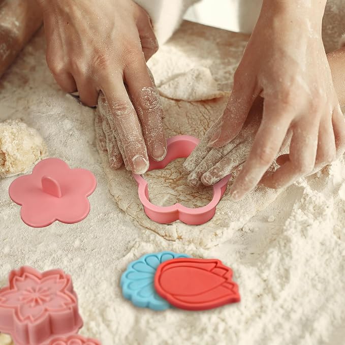 8 Pack Flower Cookie Cutters, 3D Cookie Cutter with Plunger Stamp | 8 Styles Spring Flowers Cookie Cutters with Cookie Stamps for Home Kitchen