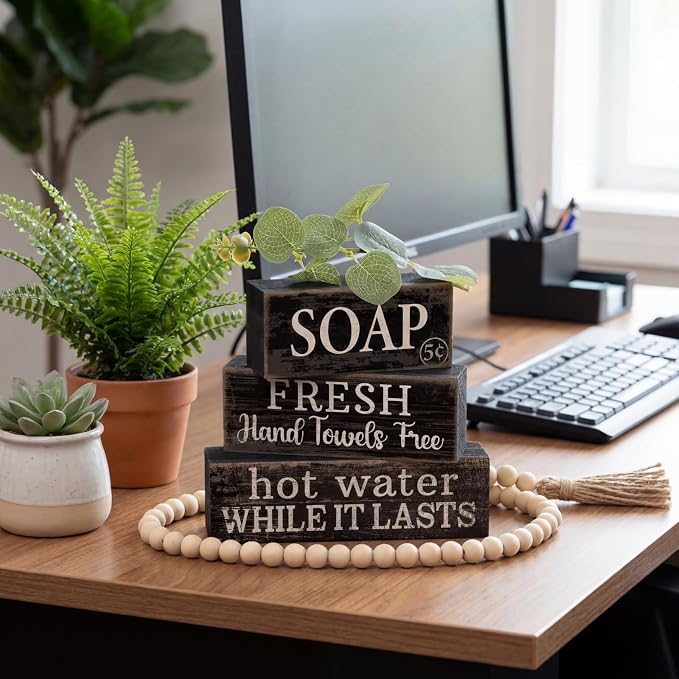 Lineshading 4 Pcs Wooden Bathroom Block Signs, Farmhouse Shelf Decor | Stackable Tiered Tray Pieces with Vintage Sayings, Rustic Bathroom Shelf Accents, Distressed Black Wood Tabletop Display