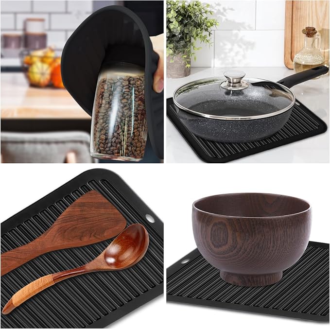 TOPULORS 3 PCS Silicone Trivets for Hot Pots and Pans 9"x12" Heat Resistant Mat Hot Pads for Kitchen Quartz Countertops - Dish Drying Mat Non-Slip Potholders Pot Holders Trivets for Hot Dishes - Black