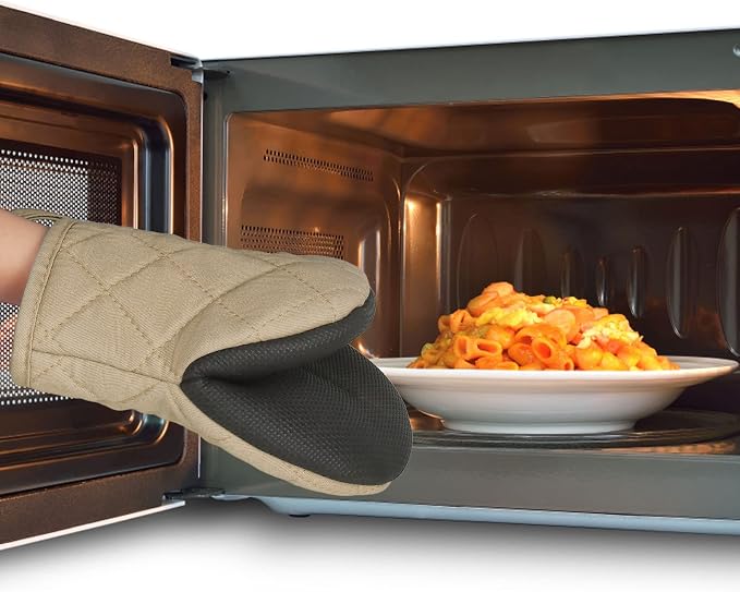 Goldmeet Mini Oven Mitts 2-Pack, 7"x5.5", 500°F Silicone Grip, Light Brown | Non-Slip, Heat Resistant, Machine Washable, Hanging Loop, Fits Small Hands, for Baking Grilling BBQ Cooking