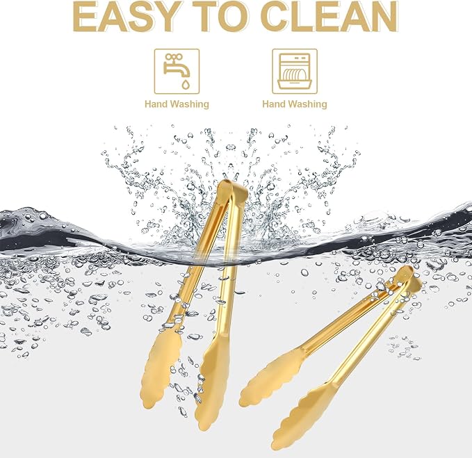 4 Pack Gold Tongs for Serving Food, 9 Inch Serving Tongs for Buffet, Party Salad Tongs for Stainless Steel Utensils, Metal Kitchen Tong for Steak, Appetizer, Snack and Small Food
