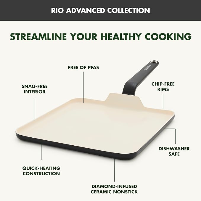 GreenPan Rio Advanced 12" Griddle Pan, Ceramic Nonstick PFAS-Free, Dishwasher and Oven Safe, Black