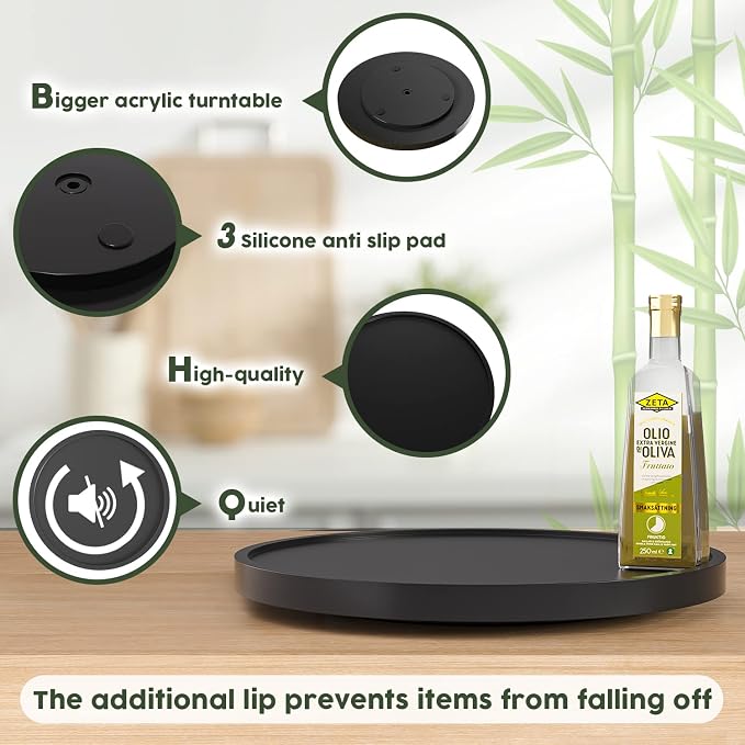 Lazy Susan Organizer, 13.2 Inch Non-Skid Bamboo Turntable | Kitchen Table Cabinets Closets and Kitchen Islands, Wood Turntable for Kitchen Countertop Organizer, Black