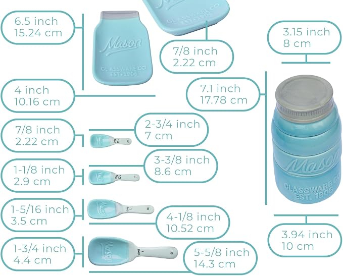 Comfify Aqua Blue Mason Jar Measuring Set – 4 Cups, 4 Spoons, Spoon Rest | Aqua Blue; ceramic; 9-piece set; 4 measuring cups + 4 measuring spoons + spoon rest; mason jar design; hand wash only