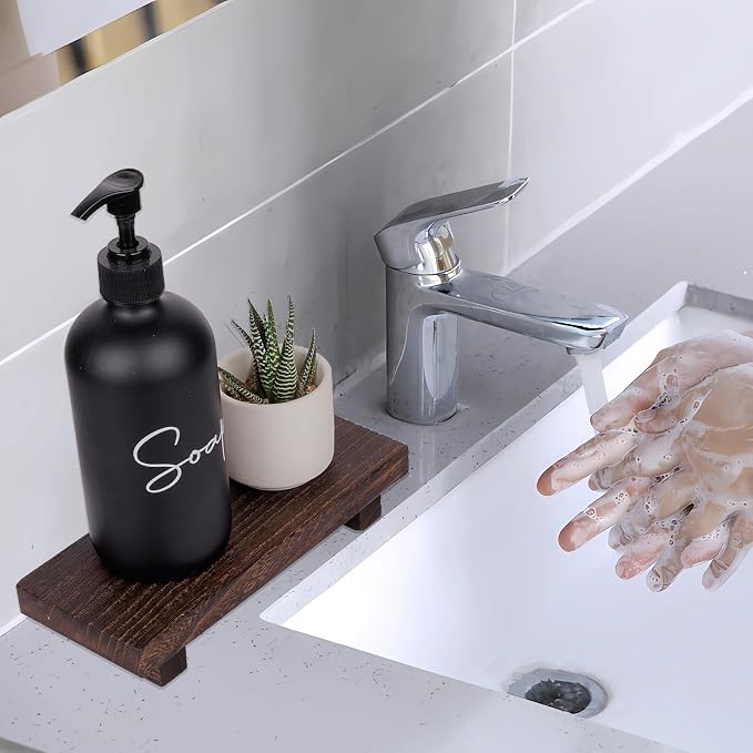 Wood Bathroom Tray Farmhouse Decor Kitchen Soap Holder 8.7"x3.6" Dark Brown | Waterproof, Lightweight, Easy Clean, Small Wooden Riser Pedestal Stand Accessories for Office Desk, Vanity, Counter, Sink