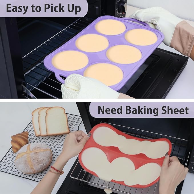4 Inch Jumbo Silicone Muffin Top Pan with Frame Non Stick Egg Mold Baking | Silicone Egg Mold for Oven, Large Whoopie Pie Baking Pan with Handle for English Breakfast Sandwich Egg Bite Bun Tart Vnray