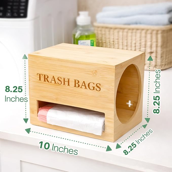 Trash bag holder dispenser | Bamboo garbage bag holder dispenser for Under Sink Storage | Wall Mount trash bag holder | Portable Hanging Organizer for Kitchen & Utility Use