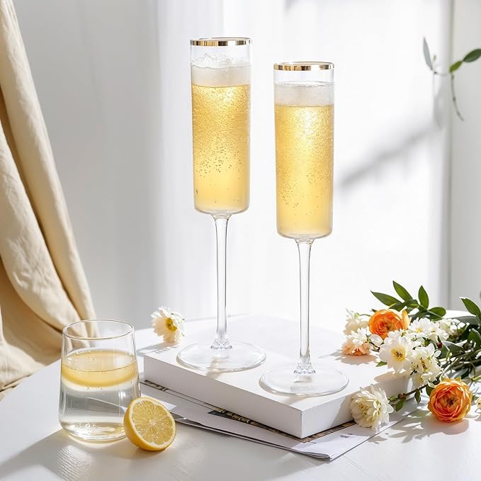 Ciaell 24 Pack Gold Plastic Champagne Flutes for Weddings Birthdays | 6 oz Clear Gold Rim Square Toasting Cups, Heavy Duty Plastic, Champagne Wine Mimosas Cocktails for Anniversaries Parties Bars