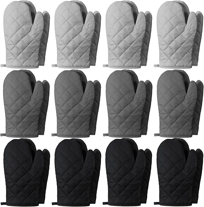 Geyoga 12 Pairs Oven Mitts Heat Resistant Kitchen Long Oven Gloves Mitts Thick Cotton Winter Quilted Baking Flexible Glove Bulk for Cooking BBQ Picnic Kitchen Grilling 10.6 Inch(Black Gray Color)