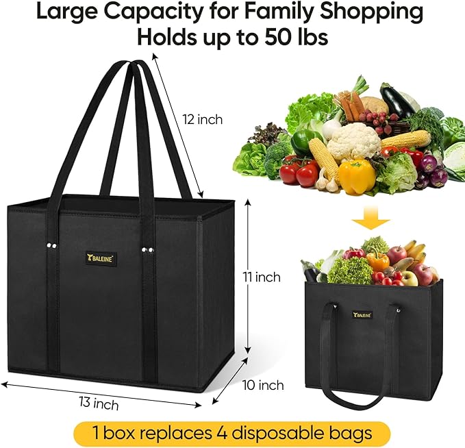 BALEINE 3PK Reusable Grocery Bags, Heavy Duty Shopping Tote Bag | 12'' Long Handles, Reinforced Bottom Keeps Upright, Fold Flat Storage, Water-Resistant Shopping Bag, Multiple Color Options