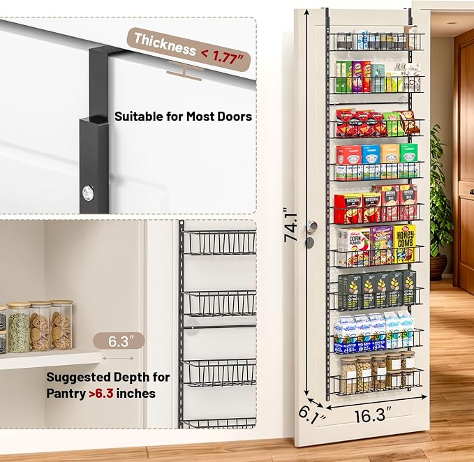 ElegantArray 9-Tier Pantry Door Organizer, Black | Over The Door Pantry Organizer Rack and Storage, Hanging Spice Rack Shelves Door, Home Office Laundry Room Bathroom & Kitchen