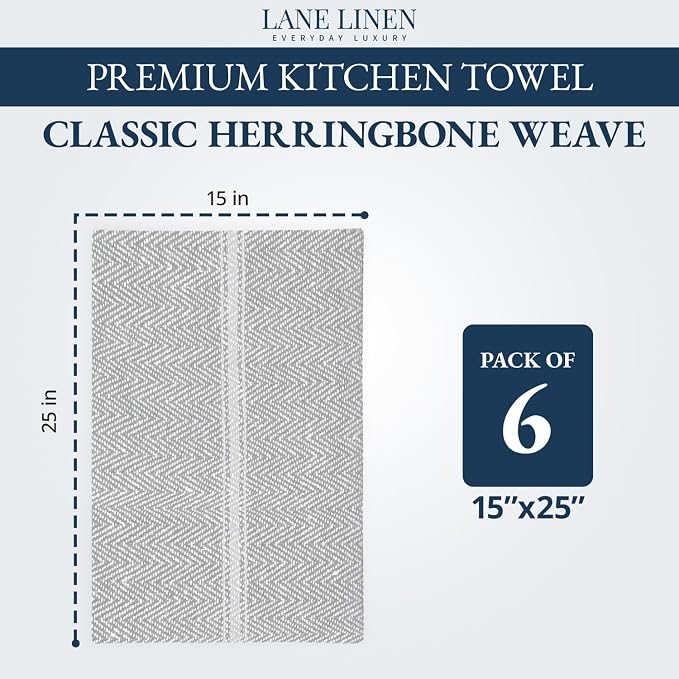 LANE LINEN 100% Cotton Kitchen Towels Set - 6 Pack Kitchen Dish Towels, Soft & Durable Size 14"x25", Good for Polishing Silverware, Cleaning Ceramic Countertops, Machine Washable - Grey Chambray