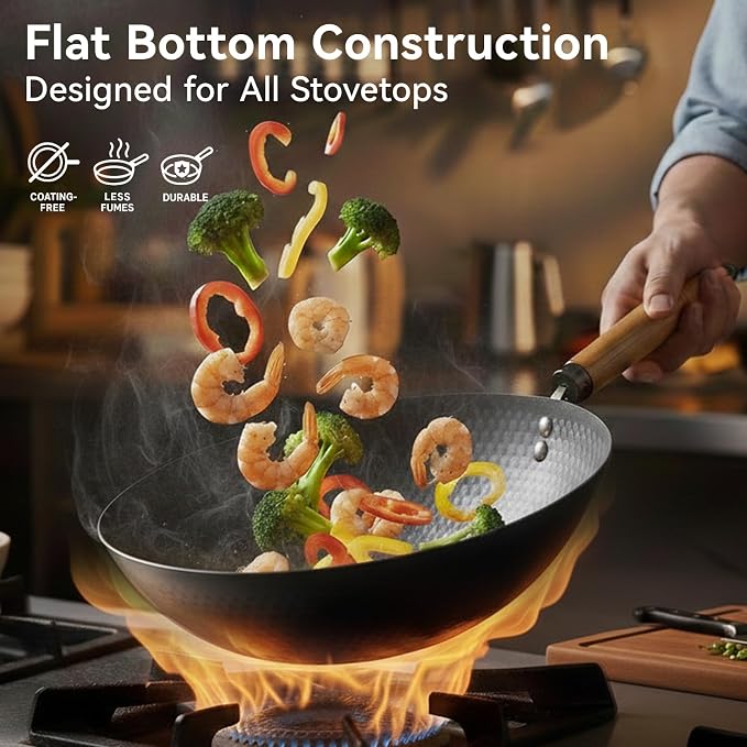 WANGYUANJI Carbon Steel Wok Pan with Lid, 12.6" Hammered Stir Fry Pan, Thickened Heavy Duty Flat Bottom Wok for Electric, Induction & Gas Stoves, Detachable Wood Handle, No Chemical Coating (Black)