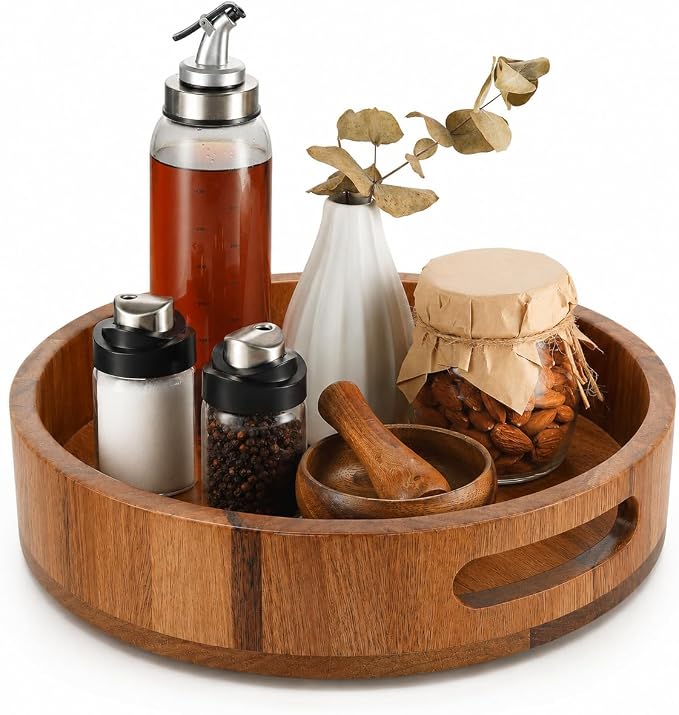 Wooden Lazy Susan – 10 in Acacia Wood Turntable Organizer for Cabinet，Multi-Purpose Home Decor Rotating Tray for Bathroom Accessories, Bedroom Makeup Organizer & Countertop Storage
