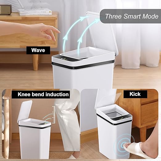 2 PACK - Slim Touchless Bathroom Trash Can - Smart Trash Can Motion Sensor | 2.5 Gallon Skinny Trash Bin with Lid - Electric, Narrow, Plastic, Auto Open - Small Automatic Garbage Can ( White )