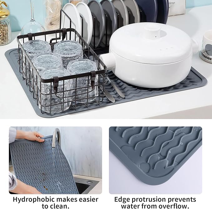 Silicone Dish Drying Mat - 2 Packs of Non-Slip Silicone Mat Easy Clean Drying Mat Large Heat-Resistant Dish Drainer Mat for Kitchen Counter, Sink, Refrigerator or Drawer Liner(16"x12", 12''x 6'' GREY)
