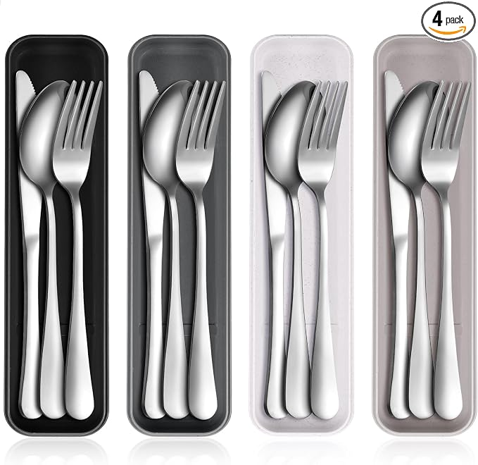 4 Pack Travel Silverware Set with Case for Lunch,Black | Reusable Utensils with Case, Portable Flatware, Camping Cutlery, Fork Spoon Knife, for Work School, Dishwasher Safe
