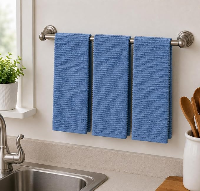 Chambray Denim Blue Kitchen Hand Dish Towels, Set of 3, 100% Cotton, 18" x 28" | Terry Loop Ribbed Textured, Soft & Absorbent Cleaning Cloth, Quick Dry, Multipurpose For Everyday Use