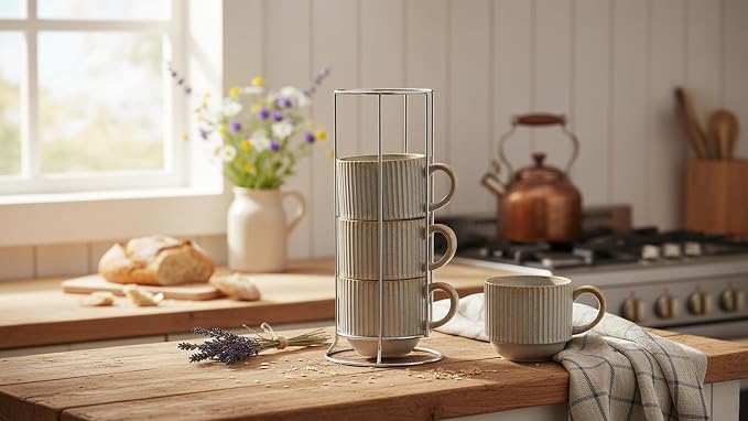 HASENSE Coffee Mug Ceramic Set of 4 with Stand - 15 oz Rustic Farmhouse Stackable Ribbed Latte Cup Set for Cappuccino, Tea, Hot Cocoa, Drinks - Dishwasher & Microwave Safe, Lavender Gray