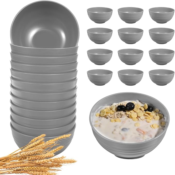 HEYCOME 12 Pcs Unbreakable Cereal Bowls Set, 26 Oz Wheat Straw Bowls Set, Microwave & Dishwasher Safe Bowls for Kitchen, Reusable Plastic Bowls for Soup, Salad and Snack, BPA Free, Light Gray
