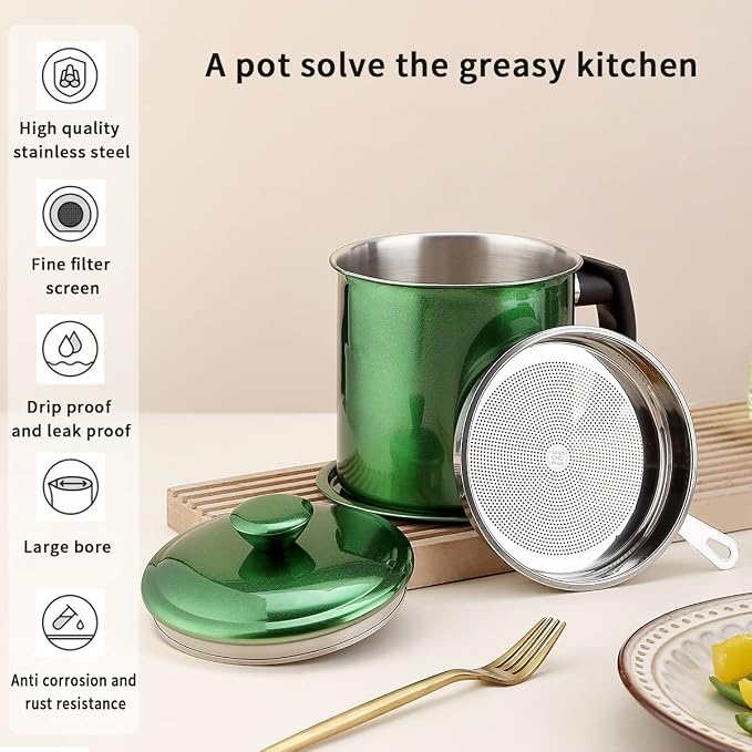 Kyraton Bacon Grease Container With Strainer, 48 oz Metal Shining Green Coating Oil Container, Pot Fat Storage With Lid, Easy Grip Handle Suitable For Storing Frying Oil And Cooking Grease