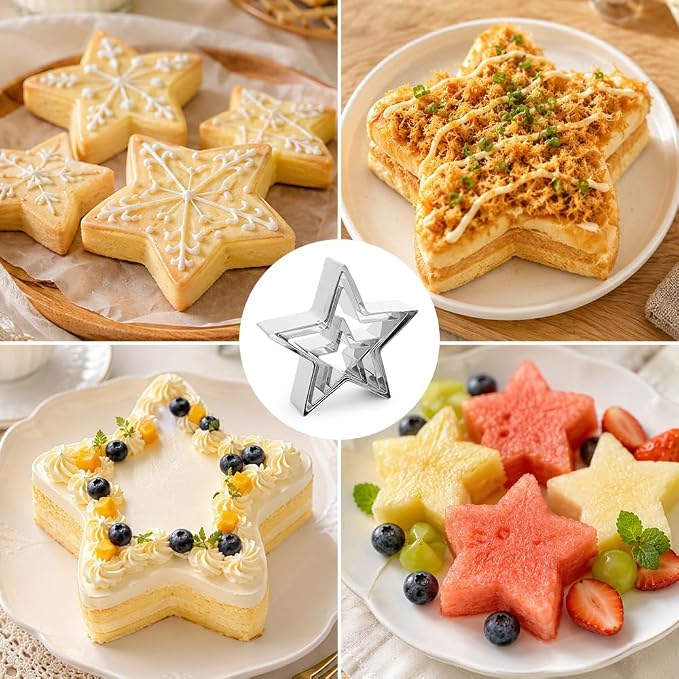 Star Cookie Cutters, 3D Christmas Tree Cookie Cutter Set, 5Pcs Stainless Steel Five-Pointed Shaped Cutter Biscuit Molds Cake Cheese Fruit Cutter for DIY Holiday Home Baking Kit Birthday Party Supplies