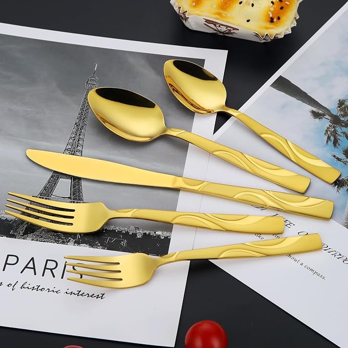 30-Piece Gold Silverware Set for 6 | Grade 430 Stainless Steel Flatware Set, Cutlery Set Service for 6, including Fork Spoon and Knife, Dishwasher Safe