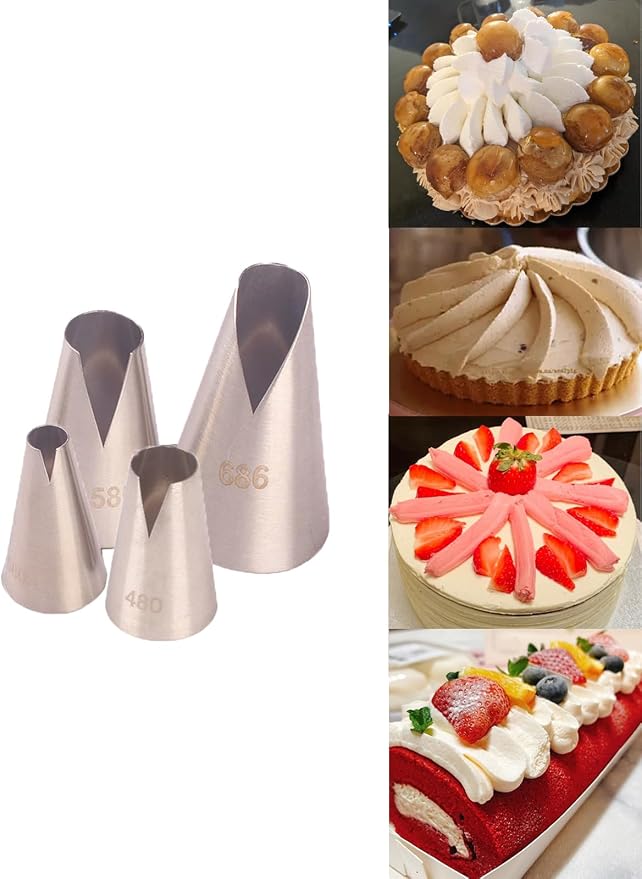 Saint Honore Piping Tips, 4 V-Shaped Pastry Nozzles for Cakes