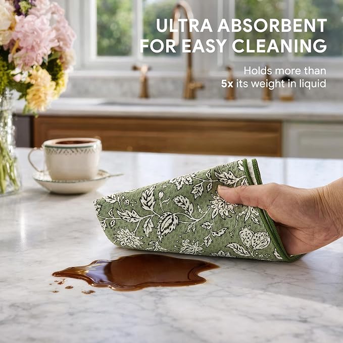 RECYCO Waffle Kitchen Towel Set of 2 - Quick Dry Microfiber Sustainable Dish Towels - Ultra Absorbent Reusable Cleaning Tea Towels - Lightweight Hand Towels,16”x 28”, Thyme & Vine