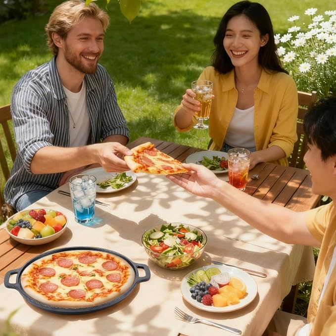13.8 Inch Cast Iron Pizza Pan - Round Comal for Even Heating - Works on Oven, Grill & Campfire, Heavy-Duty Cast Iron Pizza Stone with Dual Handles